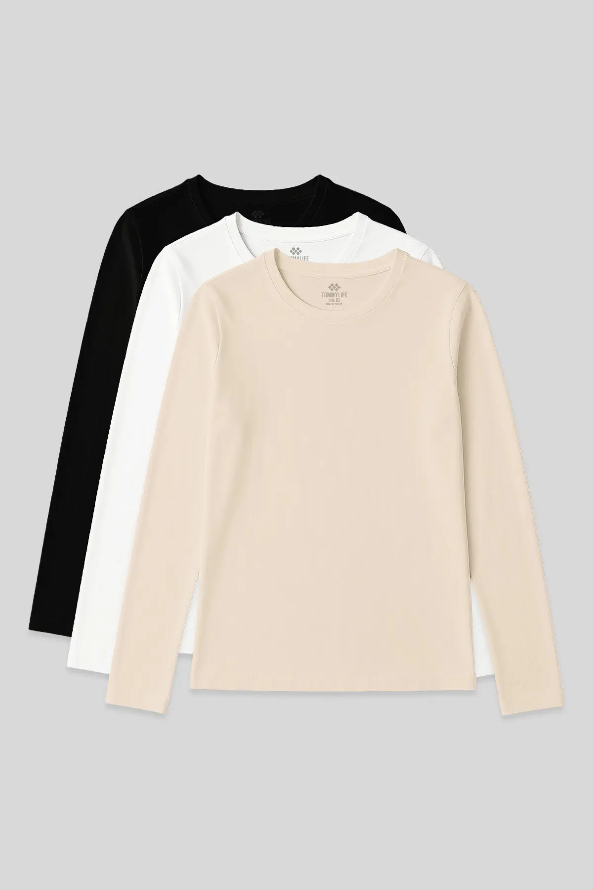 Standart Fit Basic O Yaka 3lü Paket Siyah-Beyaz-Bej Kadın T-Shirt - 97312