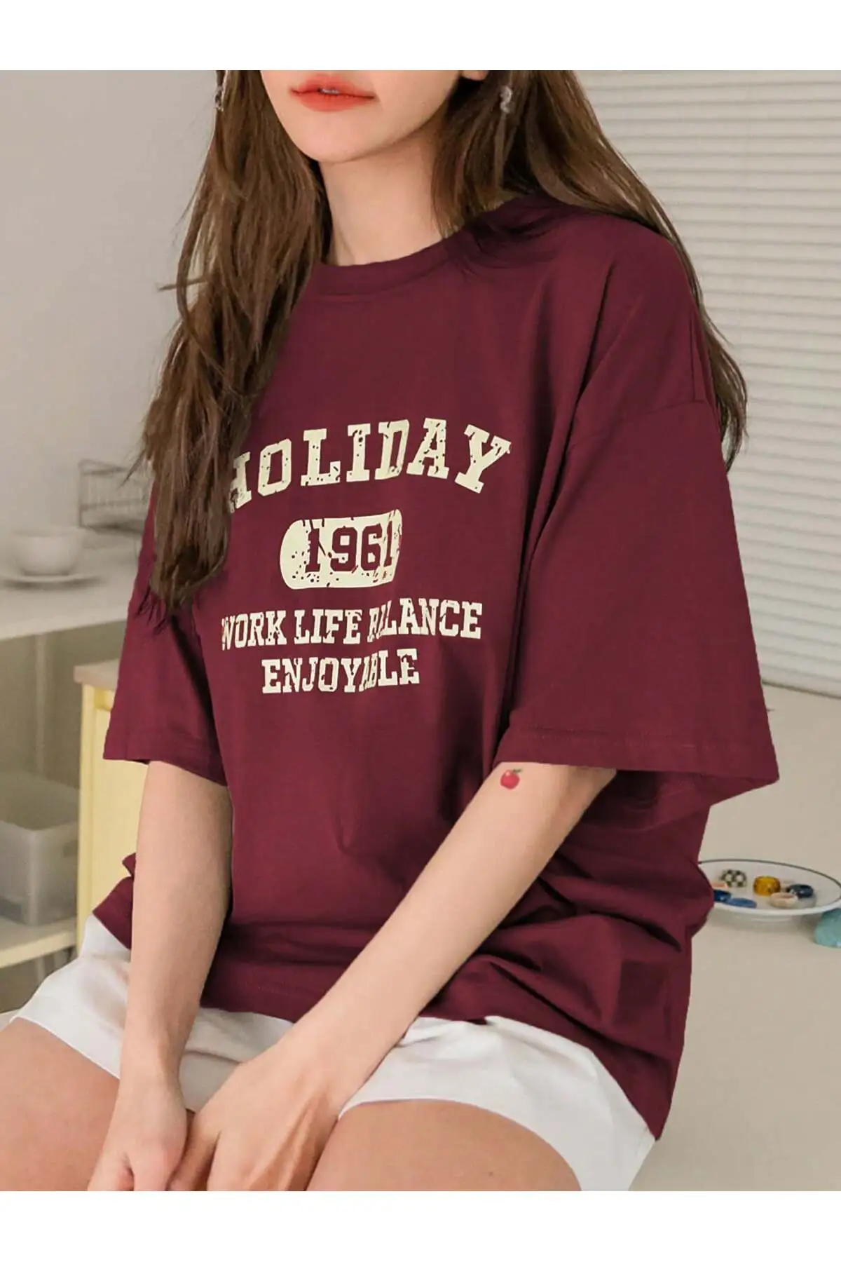 Unisex Kadın/Erkek HOLİDAY Renkli Özel Baskılı Oversize Pamuk Bisiklet Yaka Penye T-Shirt