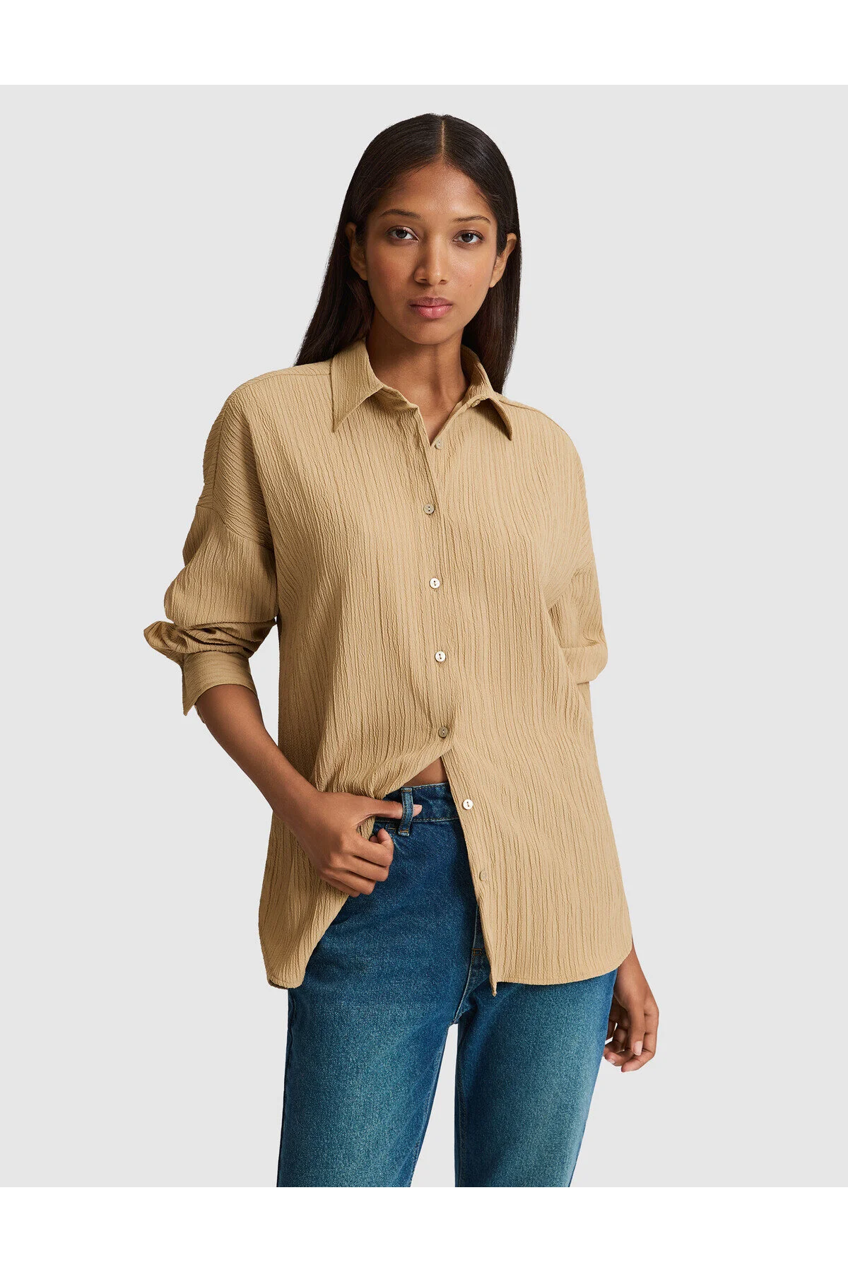 Koyu Bej Oversize Uzun Kollu Gömlek 50318232-VR088